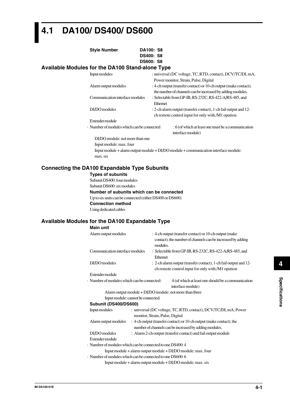 Chapter 4 specifications, 1 da100/ ds400/ ds600, Chapter 4 | Specifications, Da100/ ds400/ ds600 -1 | Yokogawa DA100 User Manual | Page 70 / 109