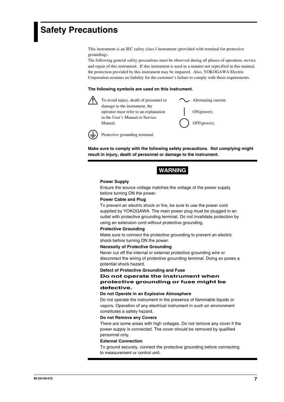 Safety precautions, Warning | Yokogawa DA100 User Manual | Page 8 / 109