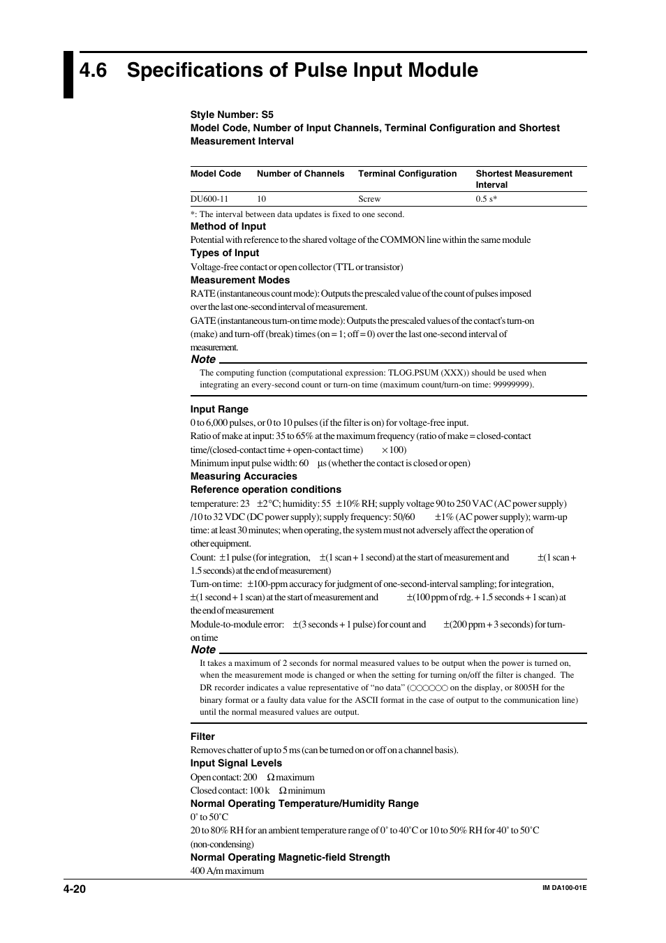 6 specifications of pulse input module, Specifications of pulse input module -20 | Yokogawa DA100 User Manual | Page 89 / 109