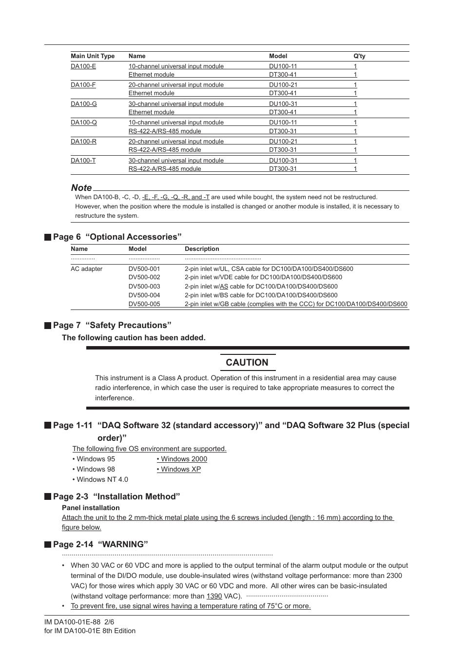 Caution, Page 6 “optional accessories, Page 7 “safety precautions | Page 2-3 “installation method, Page 2-14 “warning | Yokogawa DA100 User Manual | Page 2 / 6