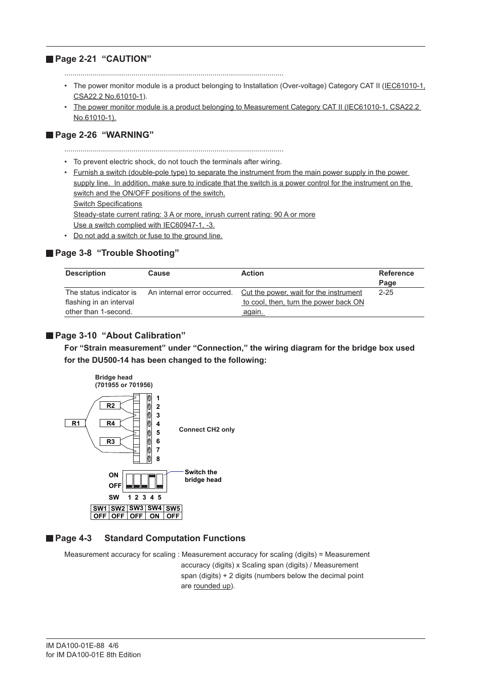 Page 2-21 “caution, Page 2-26 “warning, Page 3-8 “trouble shooting | Page 3-10 “about calibration, Page 4-3 standard computation functions | Yokogawa DA100 User Manual | Page 4 / 6