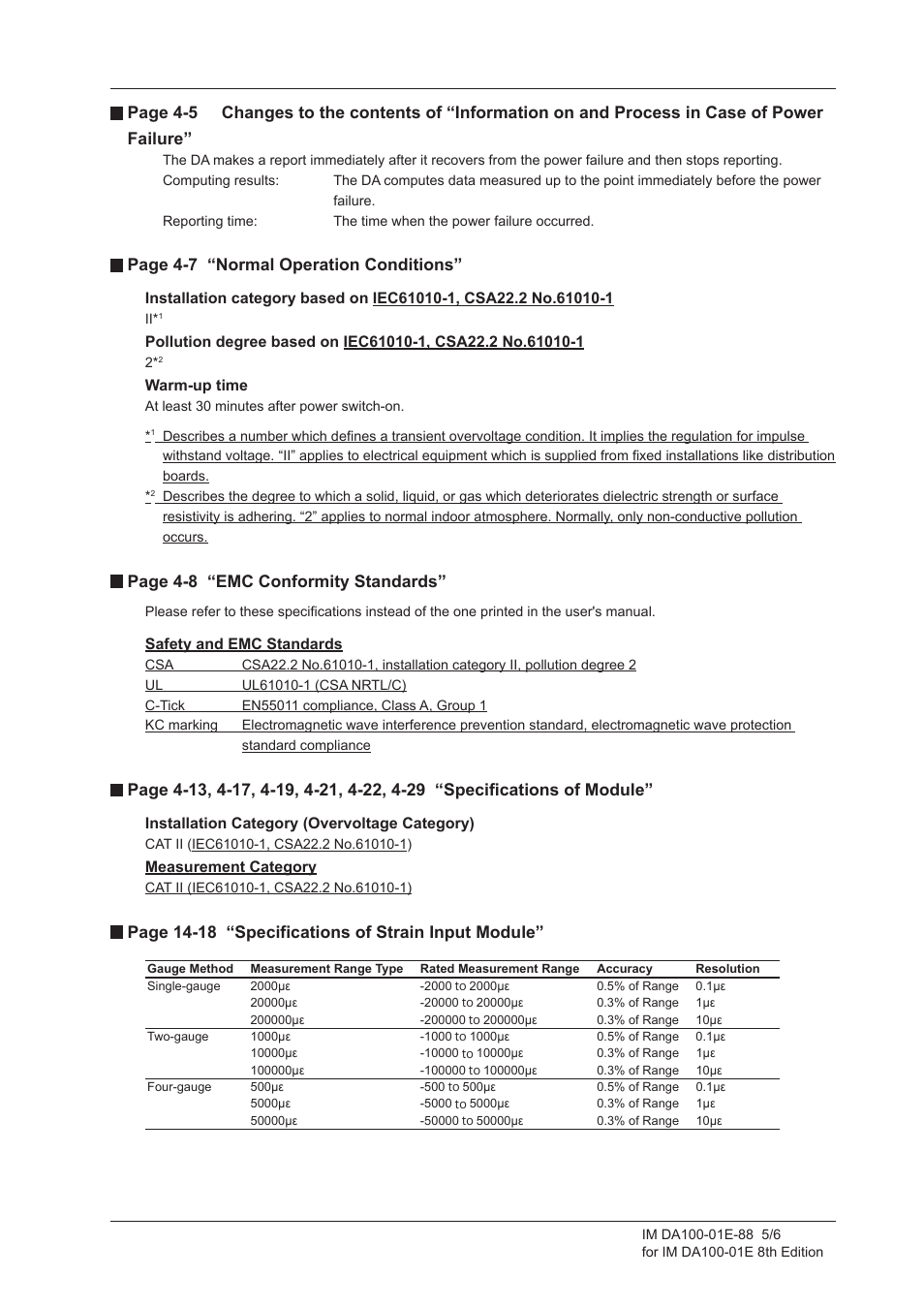 Page 4-7 “normal operation conditions, Page 4-8 “emc conformity standards, Page 14-18 “specifications of strain input module | Yokogawa DA100 User Manual | Page 5 / 6