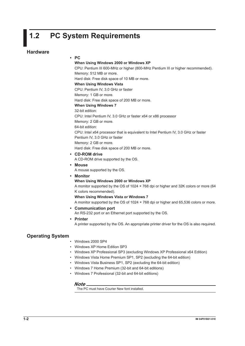 2 pc system requirements, 2 pc system requirements -2, Hardware | Operating system | Yokogawa µR20000 User Manual | Page 10 / 65