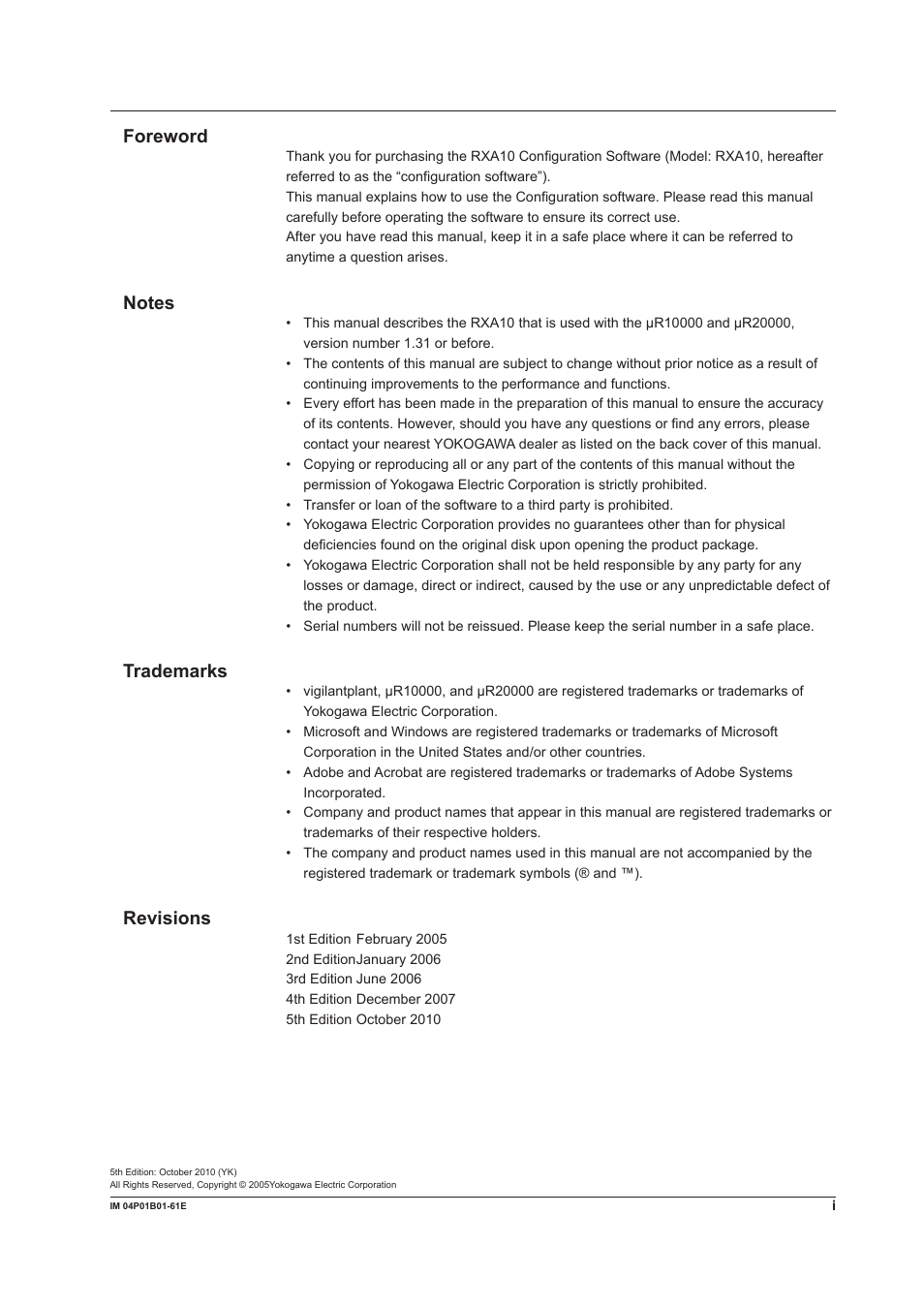Foreword, Trademarks, Revisions | Yokogawa µR20000 User Manual | Page 2 / 65