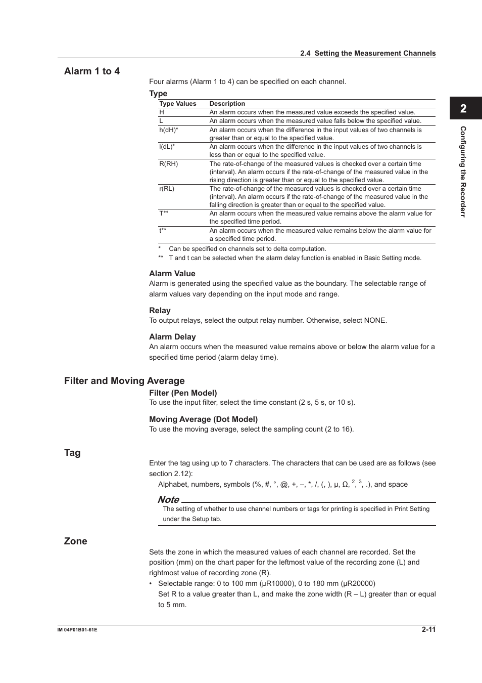 Index alarm 1 to 4, Filter and moving average, Zone | Yokogawa µR20000 User Manual | Page 24 / 65