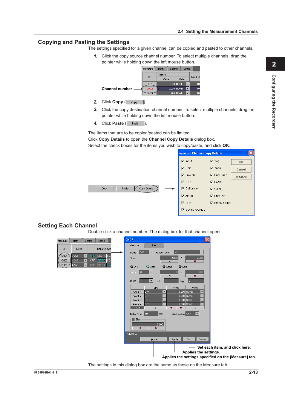 Index copying and pasting the settings, Setting each channel | Yokogawa µR20000 User Manual | Page 26 / 65
