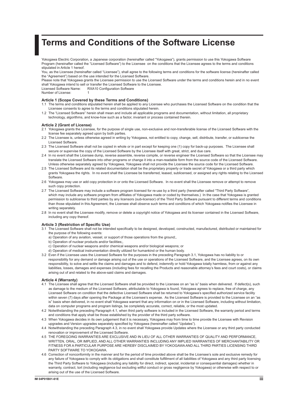 Terms and conditions of the software license | Yokogawa µR20000 User Manual | Page 4 / 65