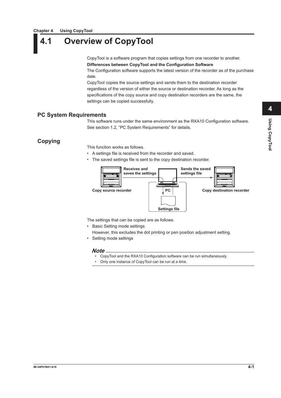Chapter 4 using copytool, 1 overview of copytool, 1 overview of copytool -1 | Index, Pc system requirements, Copying | Yokogawa µR20000 User Manual | Page 55 / 65