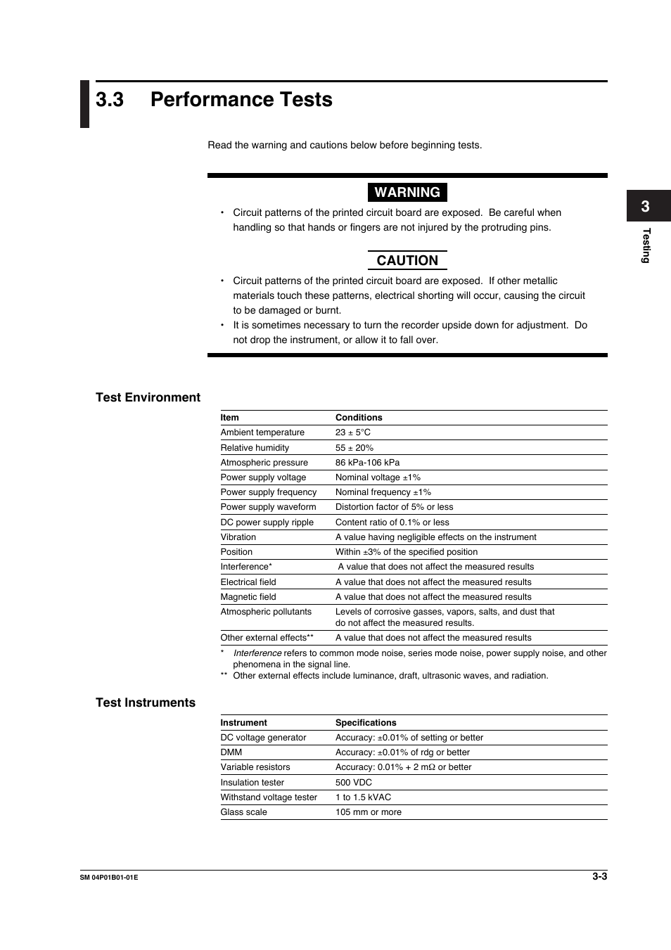 3 performance tests, Test environment, Test instruments | Performance tests -3, Test environment -3 test instruments -3, Warning, Caution | Yokogawa µR20000 User Manual | Page 16 / 83