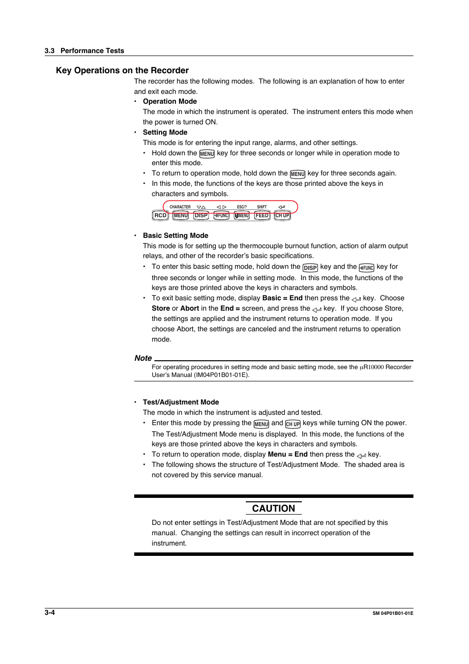 Key operations on the recorder, Key operations on the recorder -4, Caution | Yokogawa µR20000 User Manual | Page 17 / 83