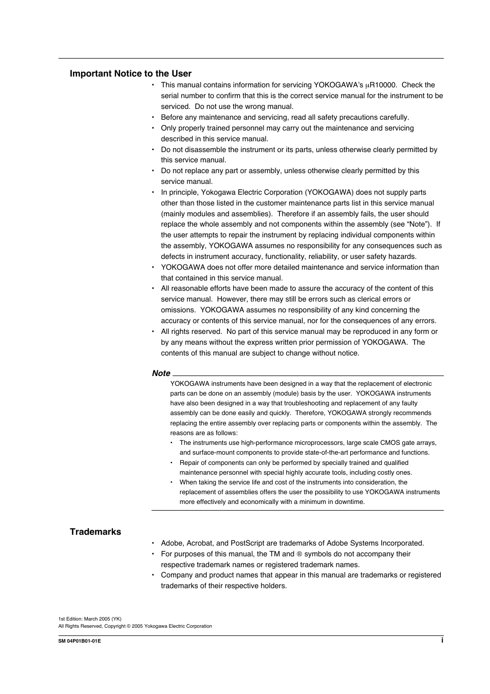 Important notice to the user, Trademarks | Yokogawa µR20000 User Manual | Page 2 / 83