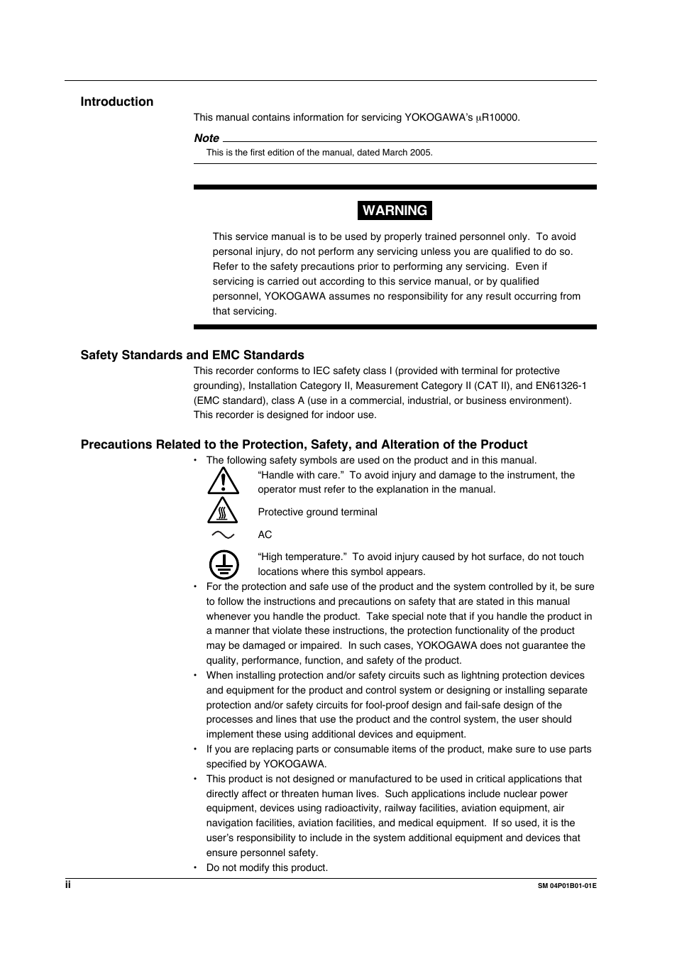 Introduction, Safety standards and emc standards, Warning | Yokogawa µR20000 User Manual | Page 3 / 83