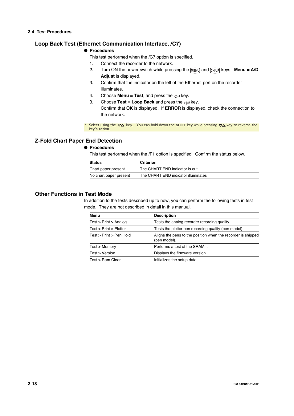 Z-fold chart paper end detection, Other functions in test mode, Other functions in test mode -18 | Yokogawa µR20000 User Manual | Page 31 / 83