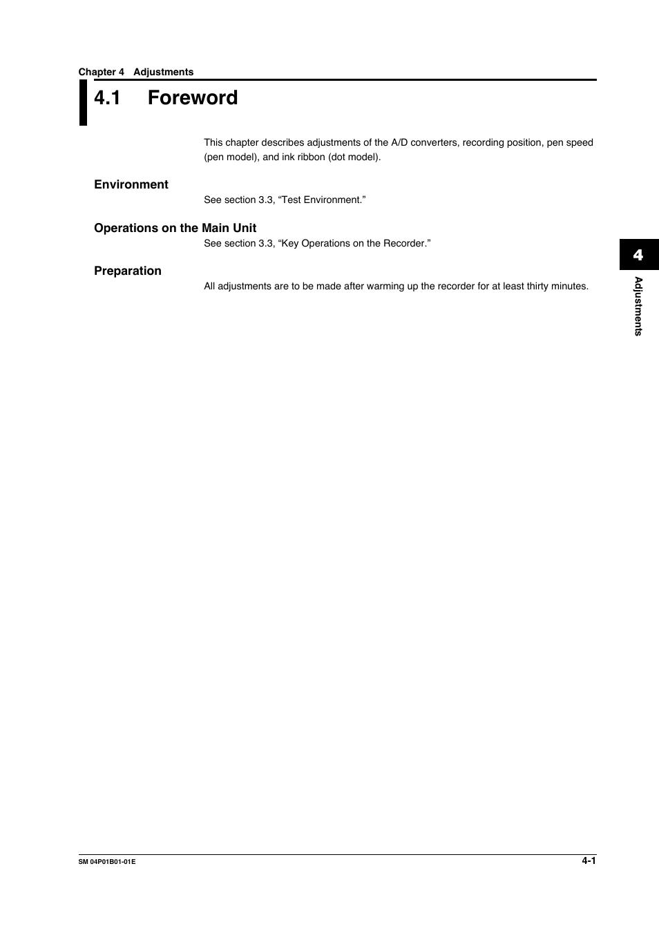 Chapter 4 adjustments, 1 foreword, Environment | Operations on the main unit, Preparation, Foreword -1 environment -1, Operations on the main unit -1 preparation -1 | Yokogawa µR20000 User Manual | Page 32 / 83