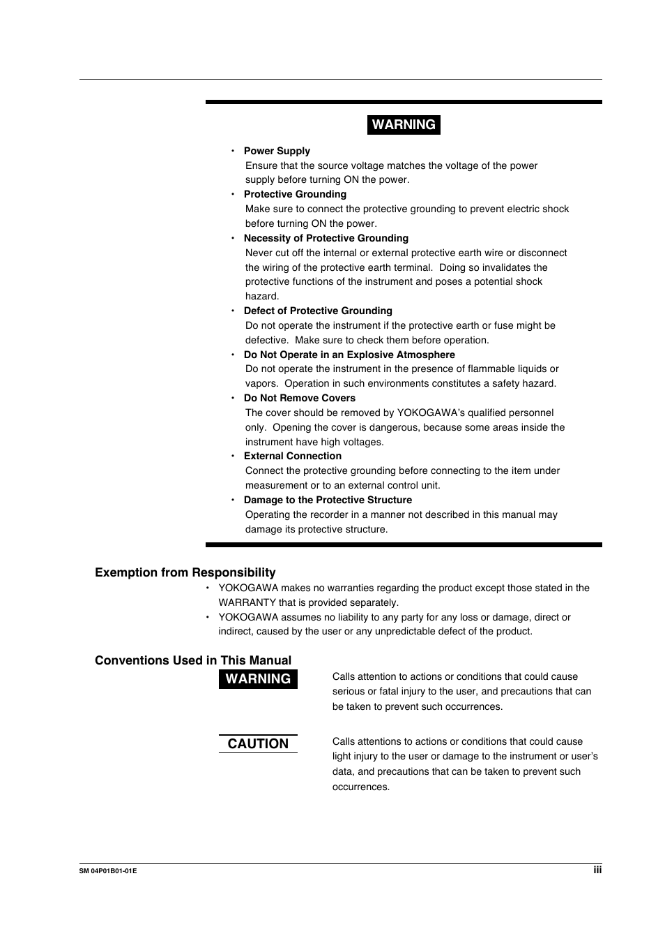 Exemption from responsibility, Conventions used in this manual, Warning | Caution | Yokogawa µR20000 User Manual | Page 4 / 83