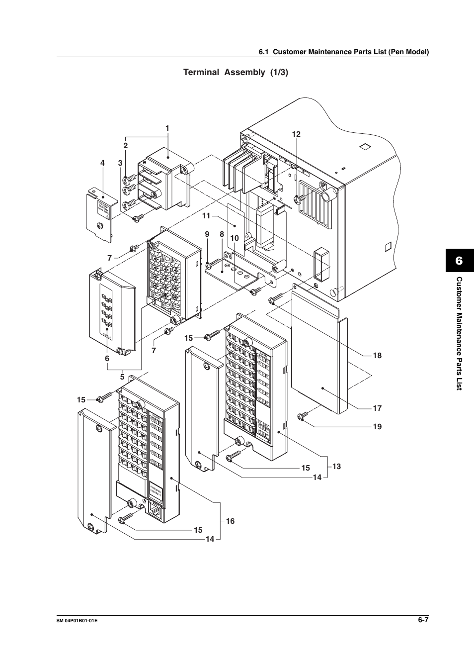 Terminal assembly (1/3), Customer maintenance parts list 6-7, 1 customer maintenance parts list (pen model) | Yokogawa µR20000 User Manual | Page 52 / 83