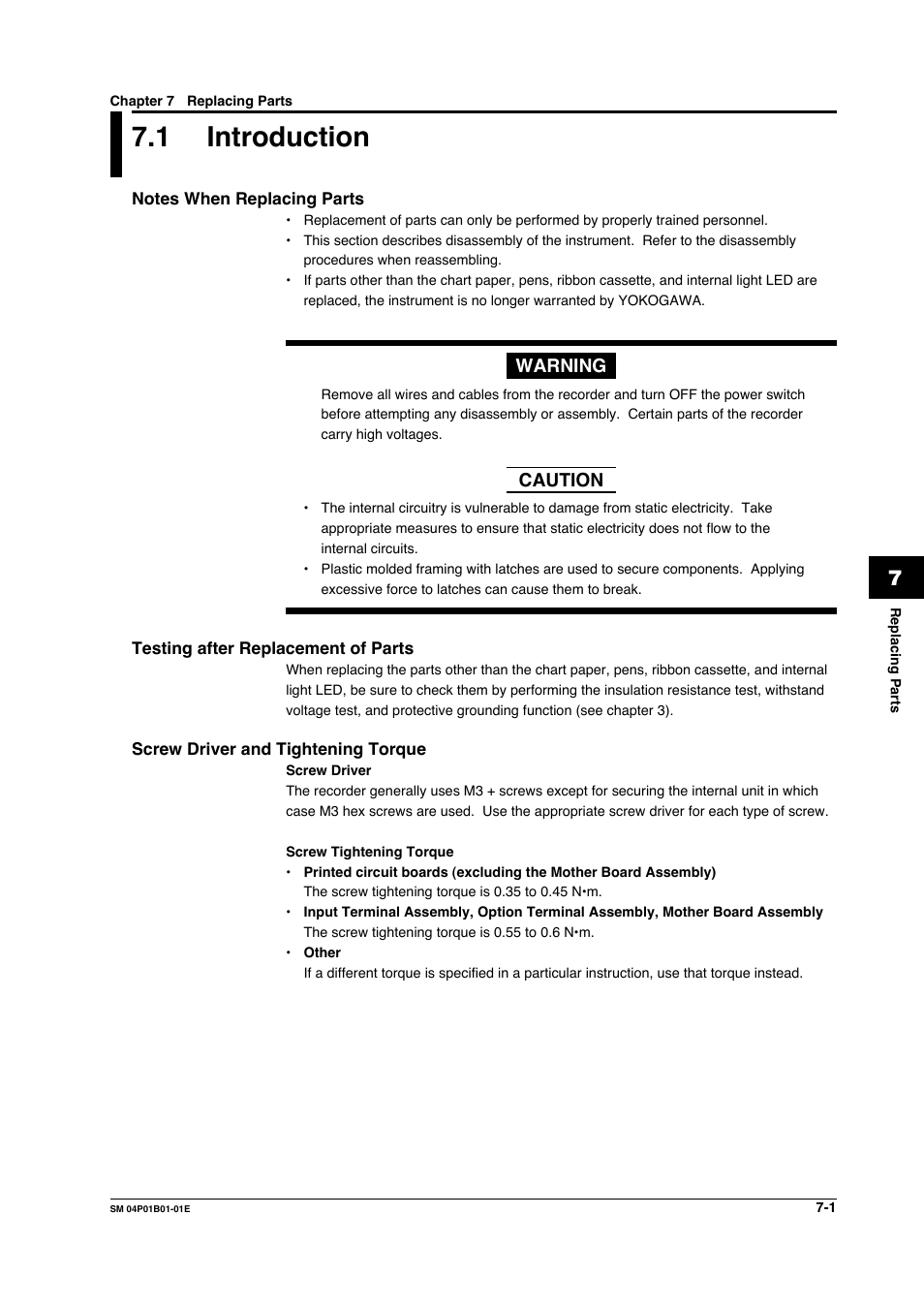 Chapter 7 replacing parts, 1 introduction, Notes when replacing parts | Testing after replacement of parts, Screw driver and tightening torque, Introduction -1, Screw driver and tightening torque -1 | Yokogawa µR20000 User Manual | Page 66 / 83