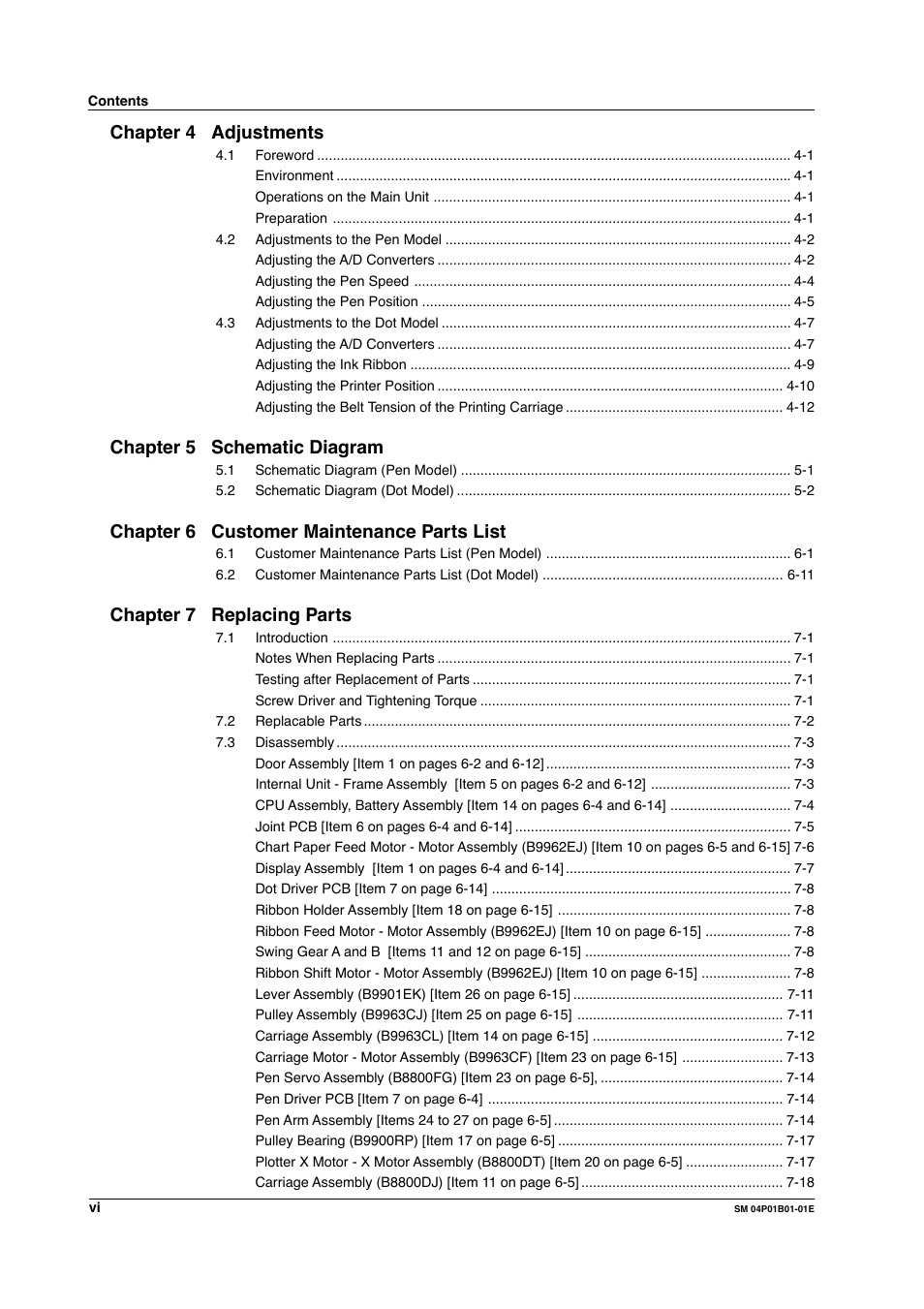 Chapter 4 adjustments, Chapter 5 schematic diagram, Chapter 6 customer maintenance parts list | Chapter 7 replacing parts | Yokogawa µR20000 User Manual | Page 7 / 83