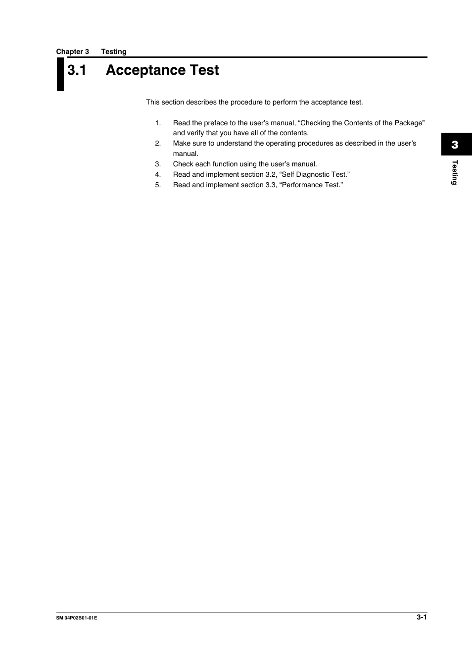 Chapter 3 testing, 1 acceptance test, Acceptance test -1 | Yokogawa µR20000 User Manual | Page 14 / 94