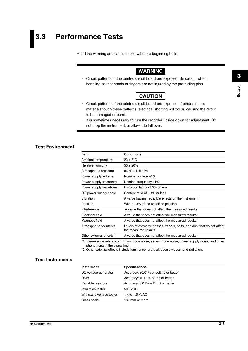 3 performance tests, Test environment, Test instruments | Performance tests -3, Test environment -3 test instruments -3, Warning, Caution | Yokogawa µR20000 User Manual | Page 16 / 94