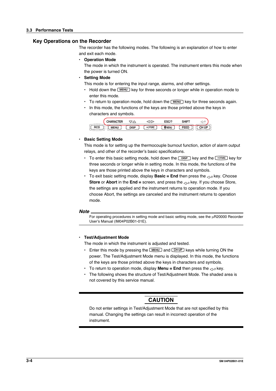 Key operations on the recorder, Key operations on the recorder -4, Caution | Yokogawa µR20000 User Manual | Page 17 / 94