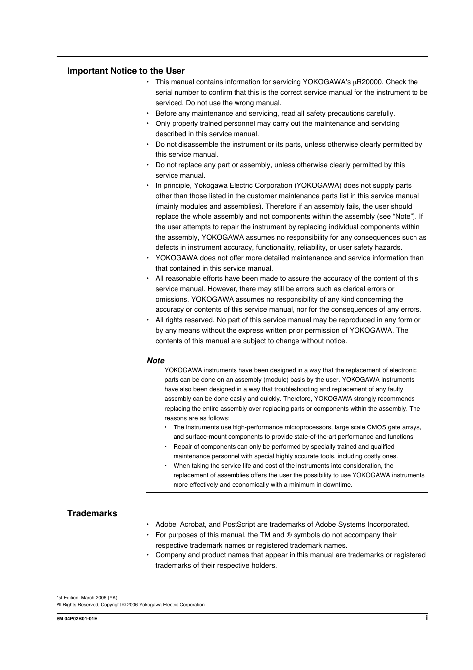 Important notice to the user, Trademarks | Yokogawa µR20000 User Manual | Page 2 / 94