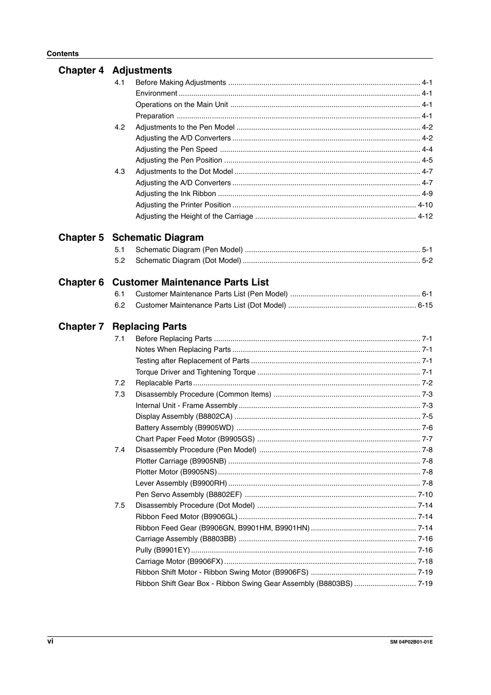 Chapter 4 adjustments, Chapter 5 schematic diagram, Chapter 6 customer maintenance parts list | Chapter 7 replacing parts | Yokogawa µR20000 User Manual | Page 7 / 94