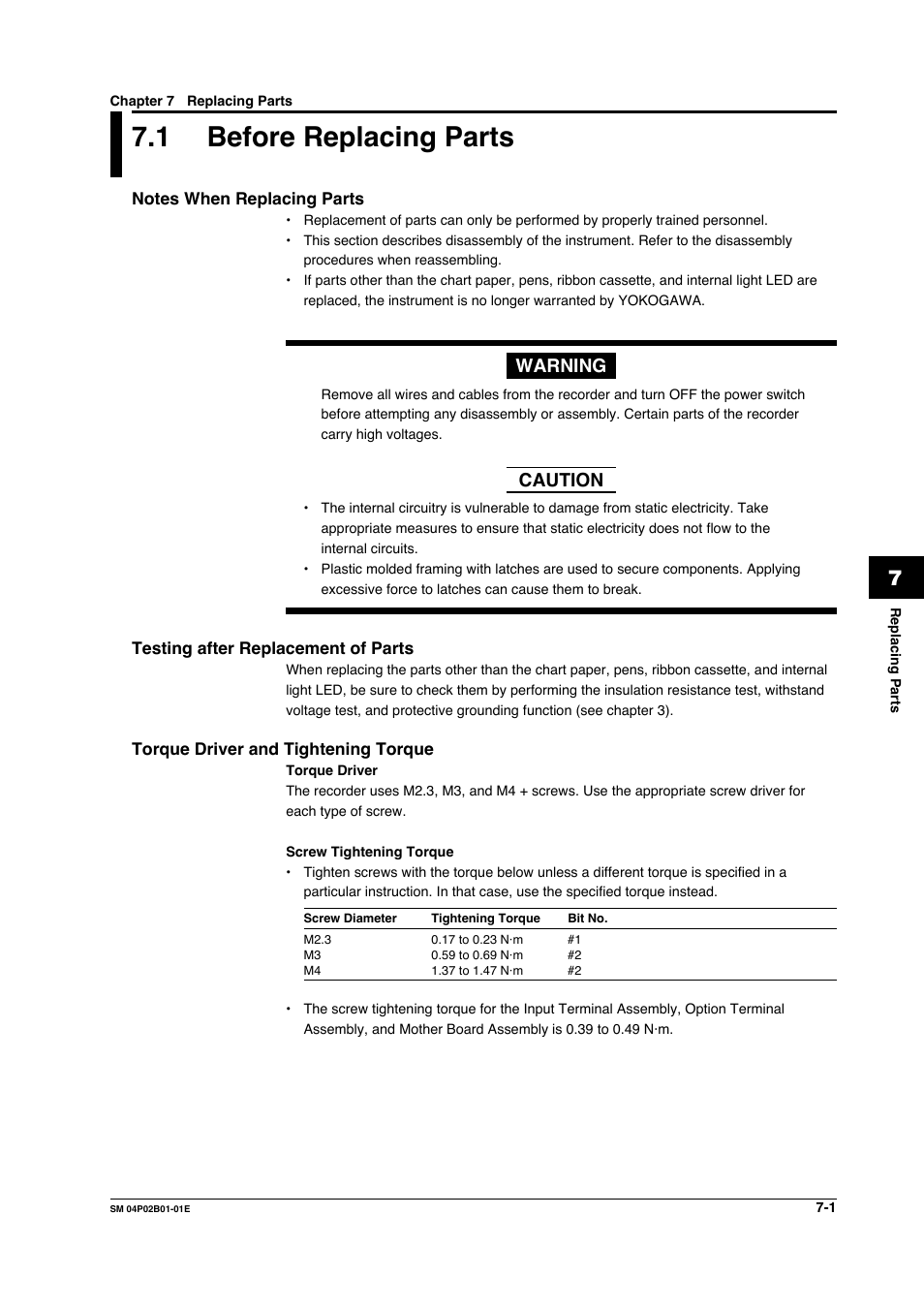 Chapter 7 replacing parts, 1 before replacing parts, Notes when replacing parts | Testing after replacement of parts, Torque driver and tightening torque, Before replacing parts -1, Torque driver and tightening torque -1, Warning, Caution | Yokogawa µR20000 User Manual | Page 76 / 94