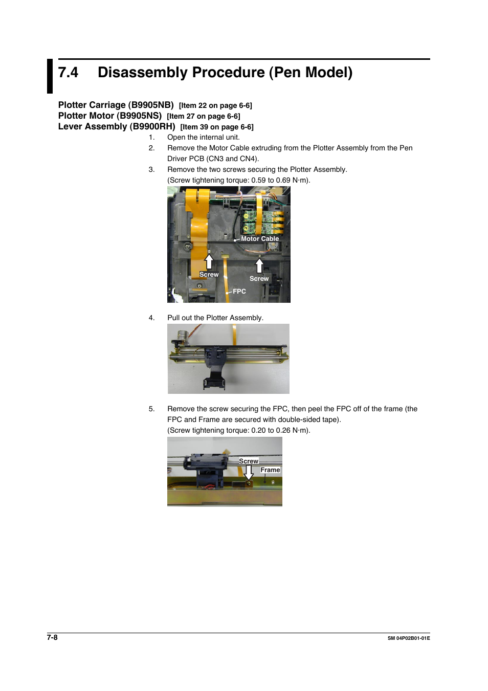 4 disassembly procedure (pen model), Plotter carriage (b9905nb), Plotter motor (b9905ns) | Lever assembly (b9900rh), Disassembly procedure (pen model) -8, Lever assembly (b9900rh) -8 | Yokogawa µR20000 User Manual | Page 83 / 94