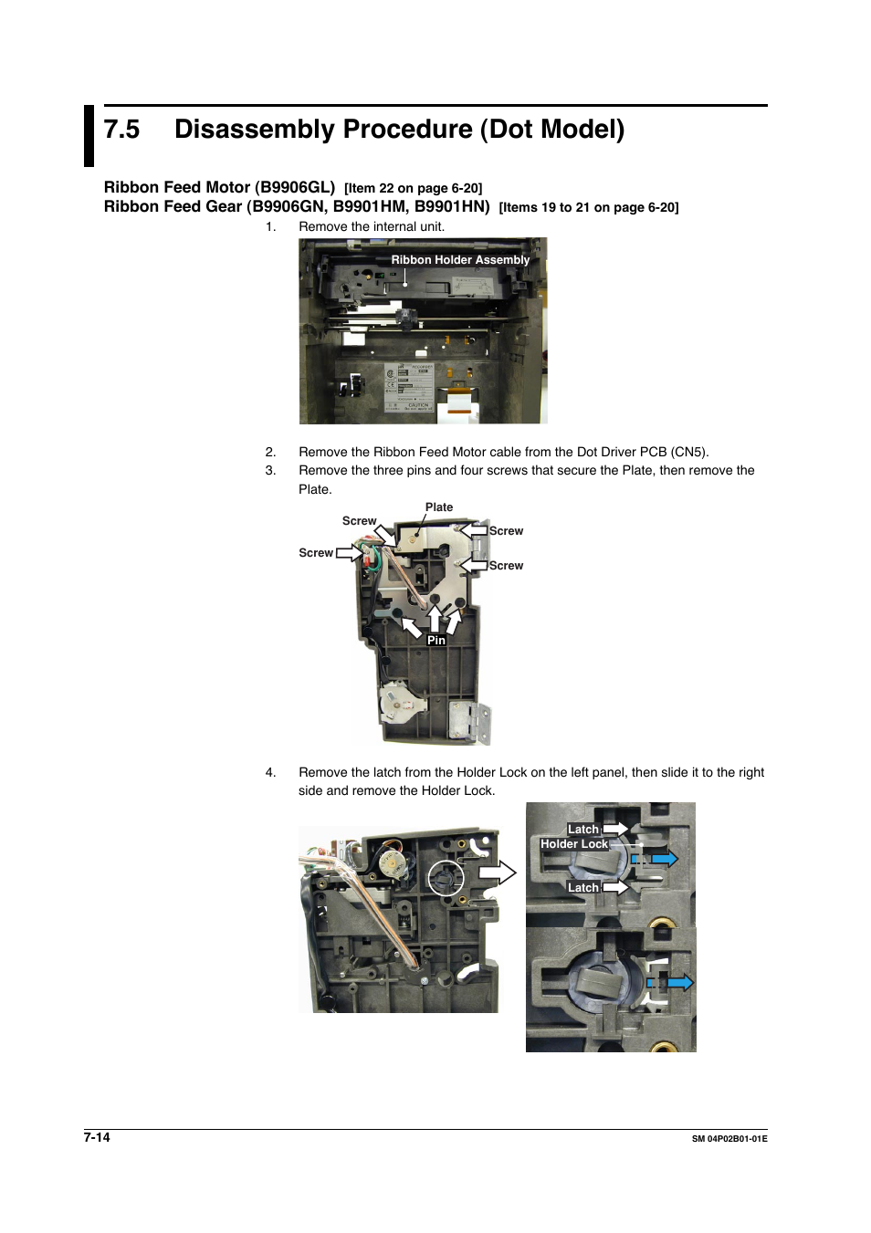 5 disassembly procedure (dot model), Ribbon feed motor (b9906gl), Ribbon feed gear (b9906gn, b9901hm, b9901hn) | Ribbon feed gear (b9906gn, b9901hm, b9901hn) -14 | Yokogawa µR20000 User Manual | Page 89 / 94