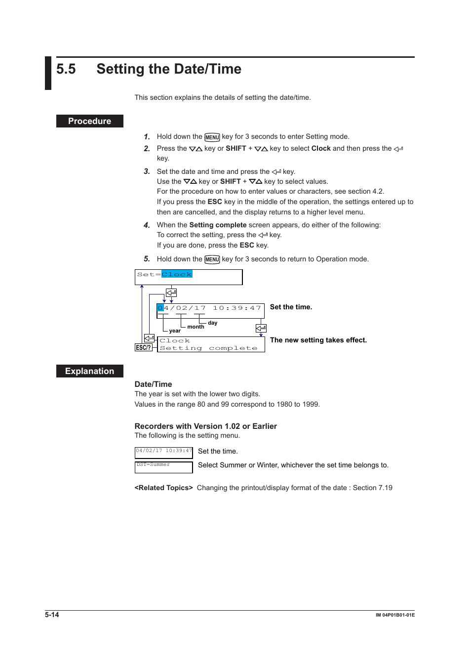 5 setting the date/time, 5 setting the date/time -14, 5 settng the date/tme | Yokogawa µR10000 User Manual | Page 114 / 263