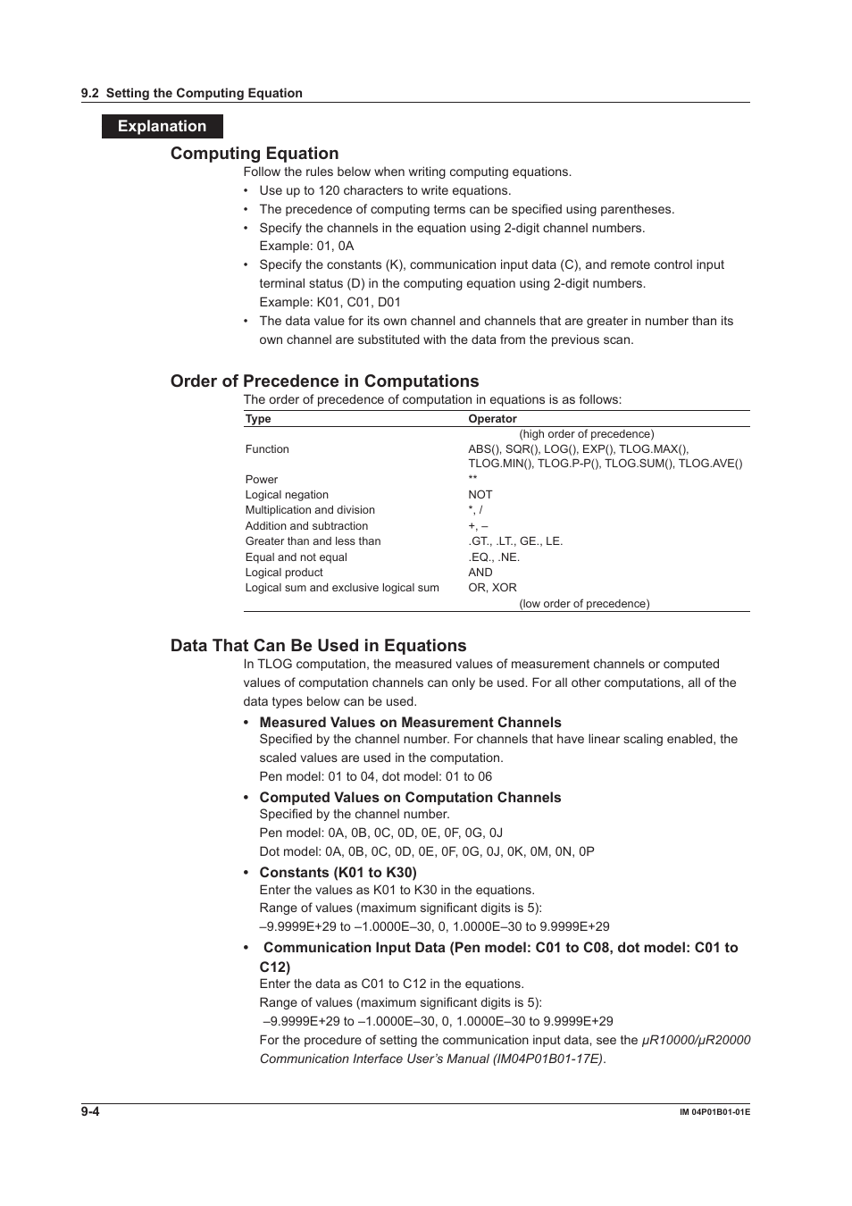 Computng equaton, Order of precedence n computatons, Data that can be used n equatons | Explanaton | Yokogawa µR10000 User Manual | Page 187 / 263