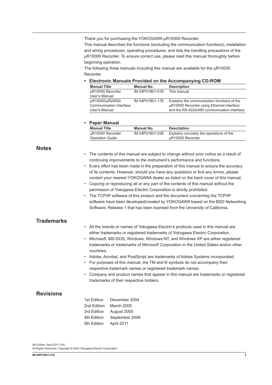Trademarks, Revsons | Yokogawa µR10000 User Manual | Page 2 / 263