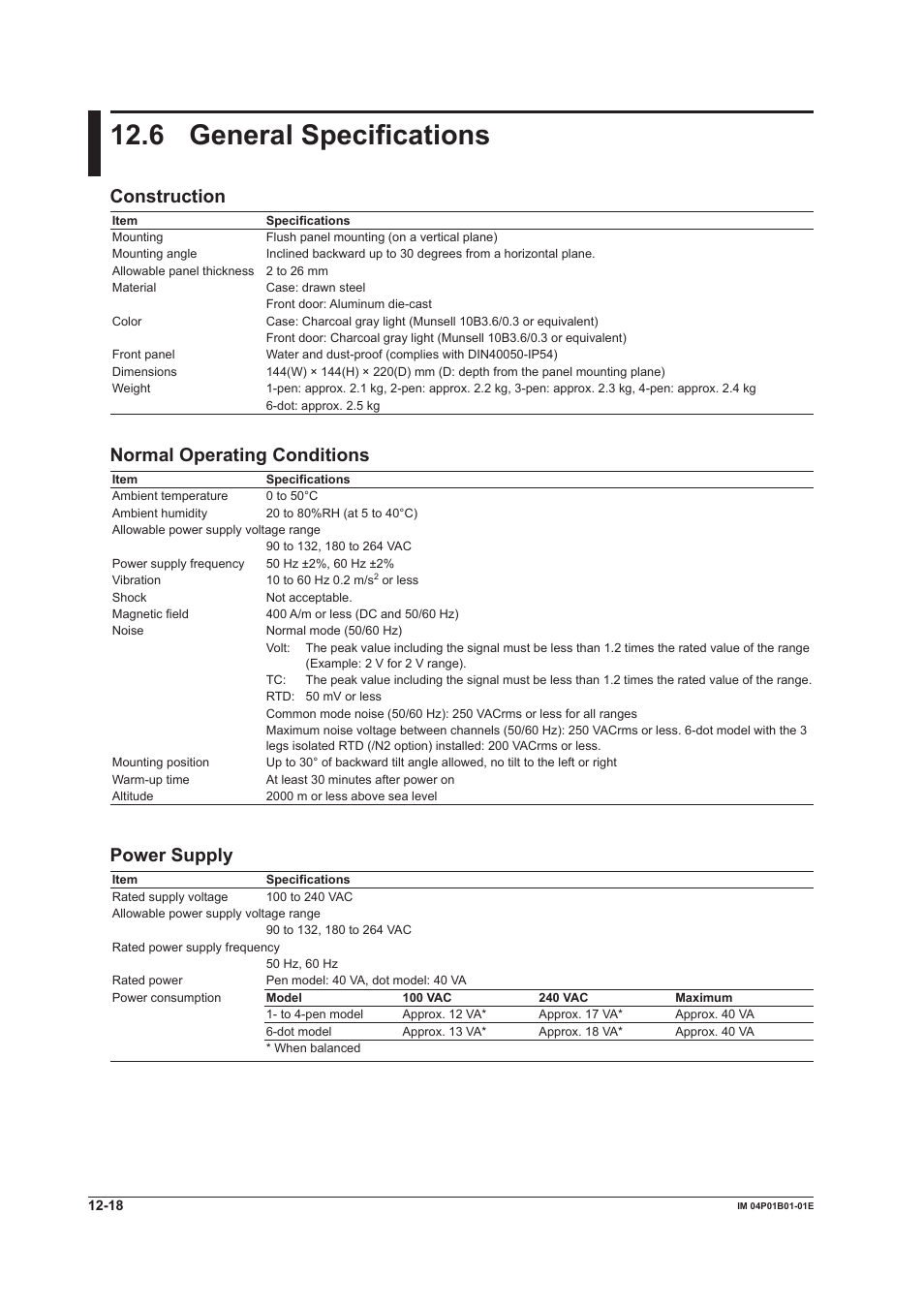 6 general specifications, 6 general specifications -18, 6 general specfcatons | Constructon, Normal operatng condtons, Power supply | Yokogawa µR10000 User Manual | Page 246 / 263