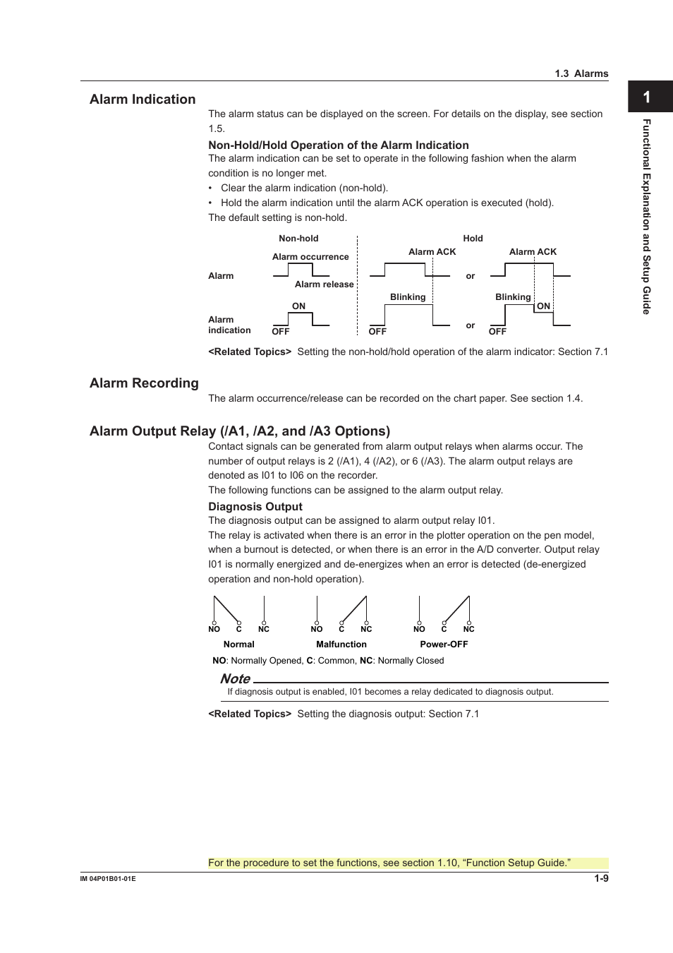 App index alarm indcaton, Alarm recordng, Alarm output relay (/a1, /a2, and /a3 optons) | Yokogawa µR10000 User Manual | Page 25 / 263