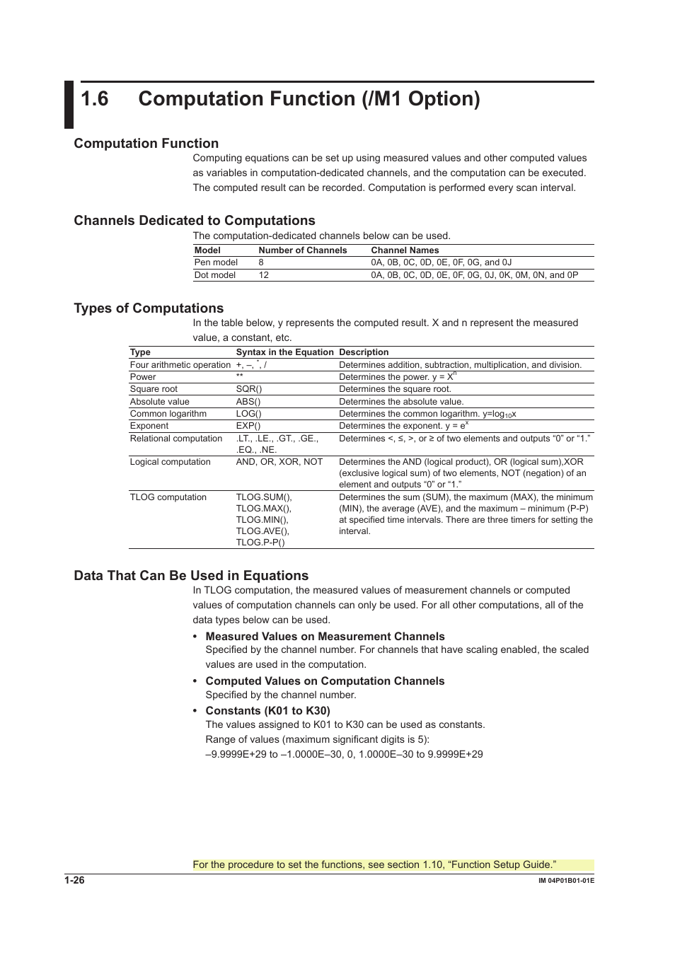 6 computation function (/m1 option), 6 computation function (/m1 option) -26, 6 computaton functon (/m1 opton) | Computaton functon, Channels dedcated to computatons, Types of computatons, Data that can be used n equatons | Yokogawa µR10000 User Manual | Page 42 / 263
