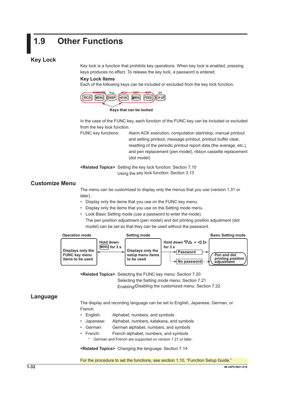 9 other functions, 9 other functions -32, 9 other functons | Key lock, Customze menu, Language | Yokogawa µR10000 User Manual | Page 48 / 263