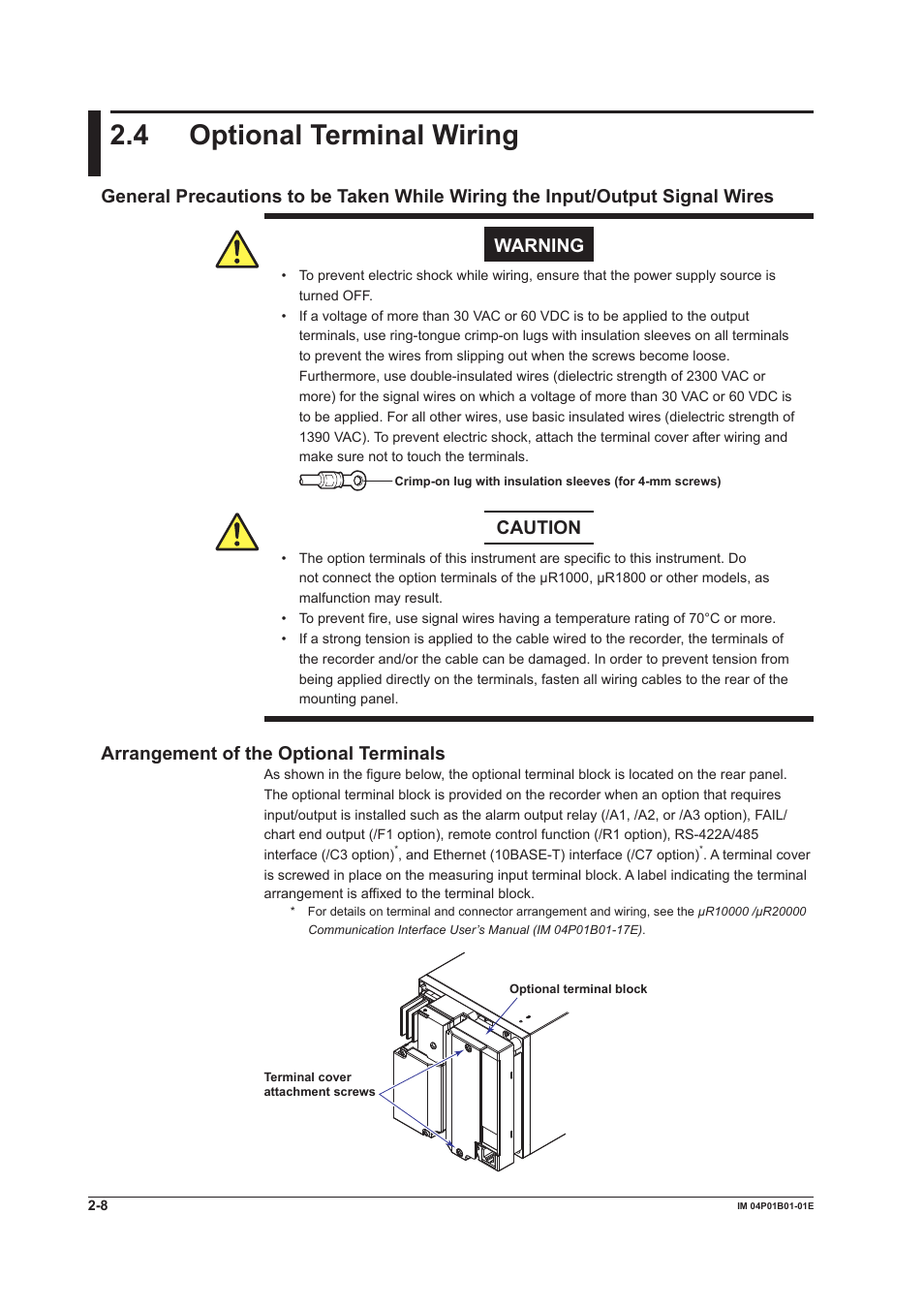 4 optional terminal wiring, 4 optional terminal wiring -8, 4 optonal termnal wrng | Caution, Arrangement of the optonal termnals | Yokogawa µR10000 User Manual | Page 63 / 263