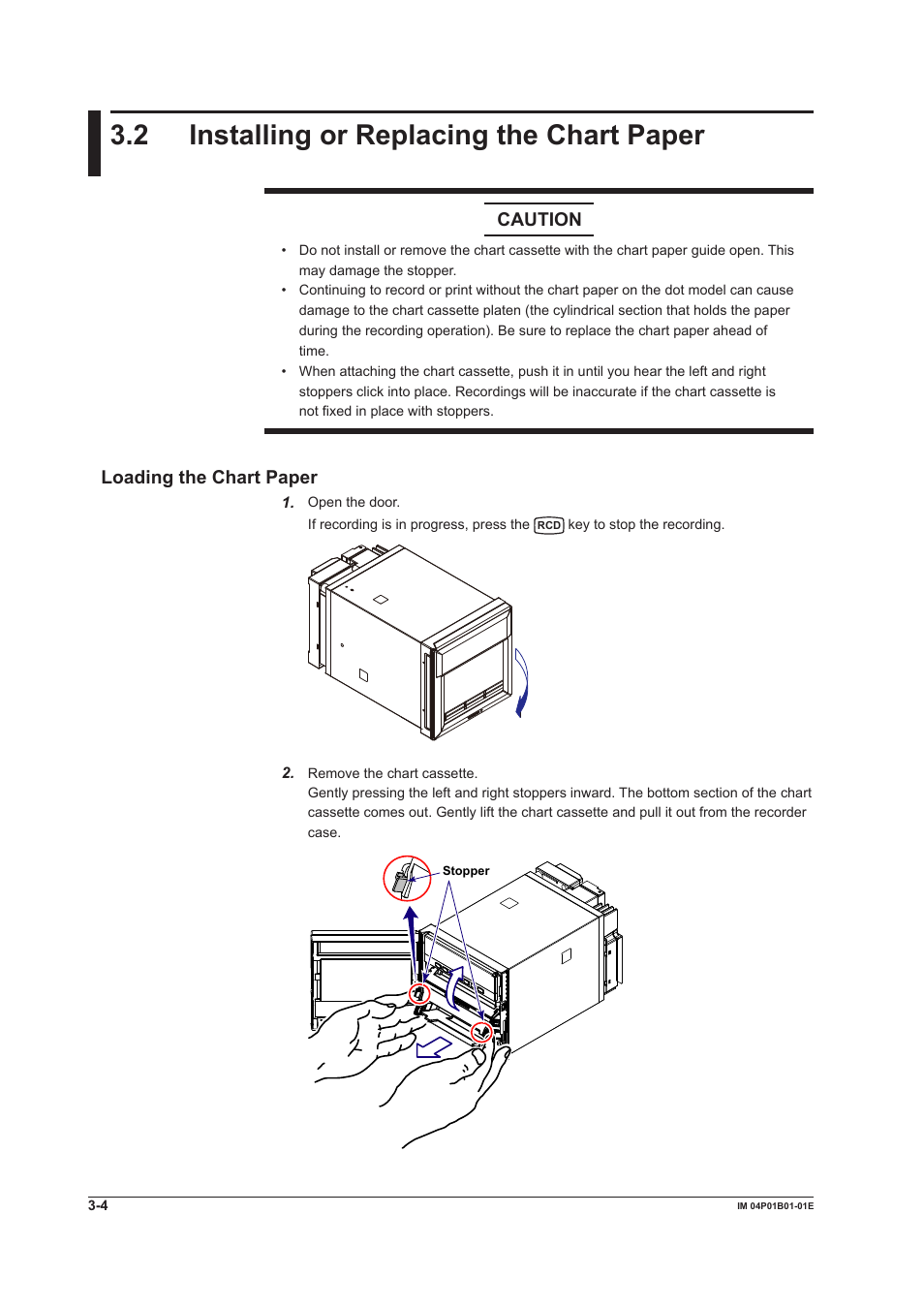 2 installing or replacing the chart paper, 2 installing or replacing the chart paper -4, 2 installng or replacng the chart paper | Caution, Loadng the chart paper | Yokogawa µR10000 User Manual | Page 72 / 263