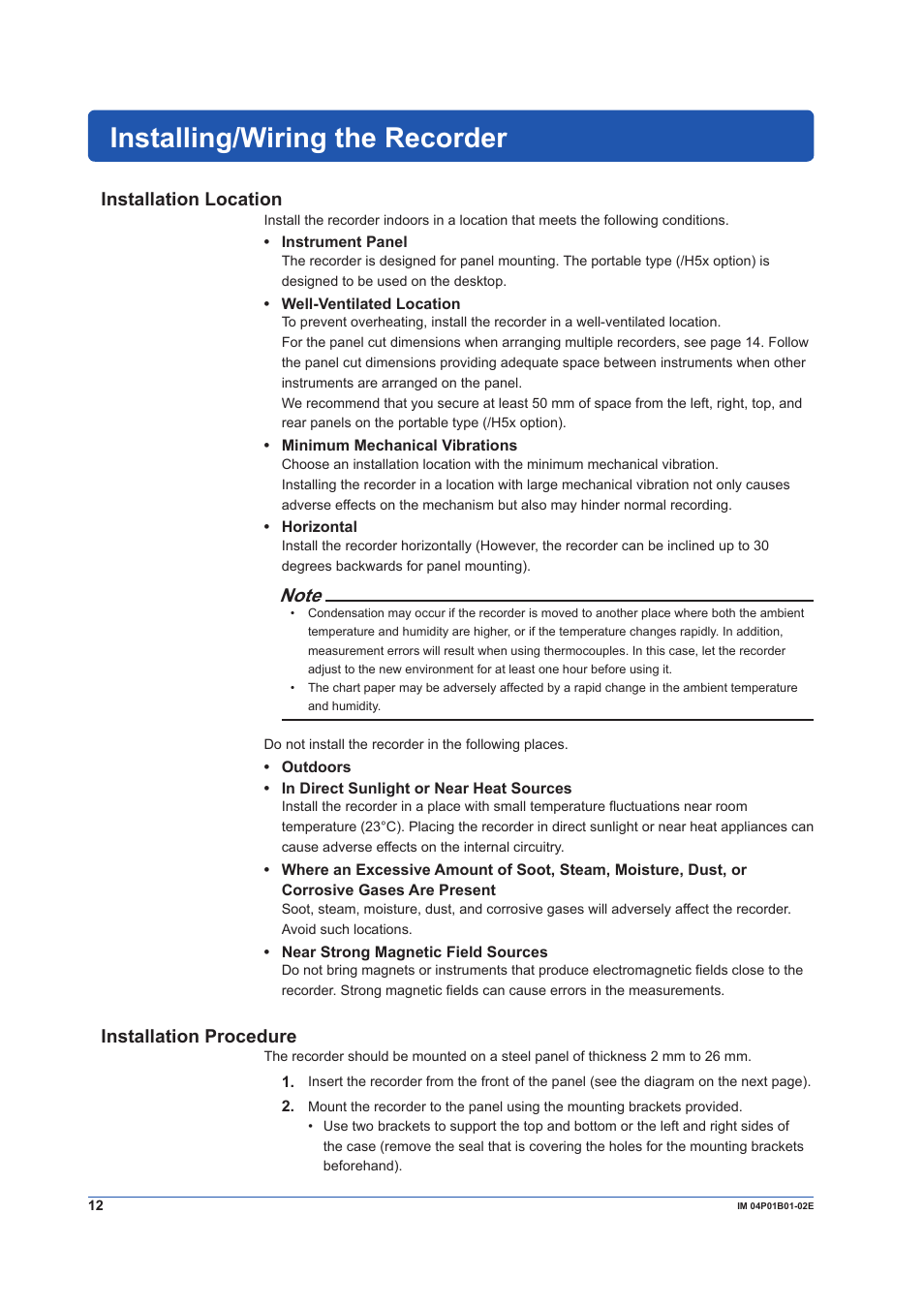 Installing/wiring the recorder, Installation location, Installation procedure | Yokogawa µR10000 User Manual | Page 12 / 56