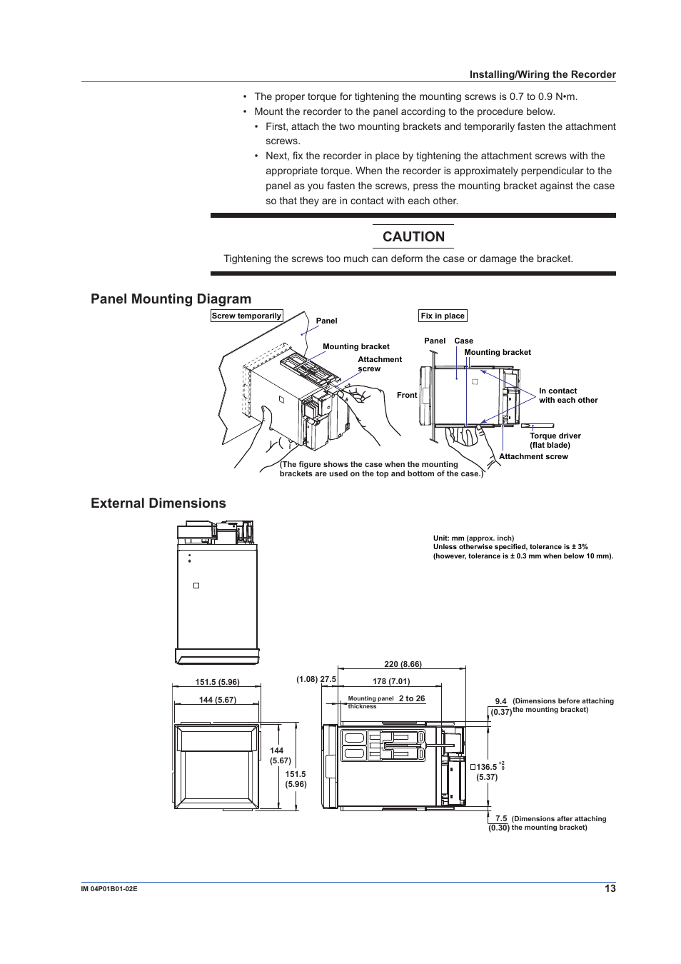 Caution, Panel mounting diagram, External dimensions | Yokogawa µR10000 User Manual | Page 13 / 56