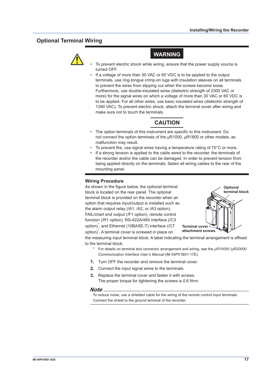 Optional terminal wiring, Optional terminal wiring warning, Caution | Yokogawa µR10000 User Manual | Page 17 / 56