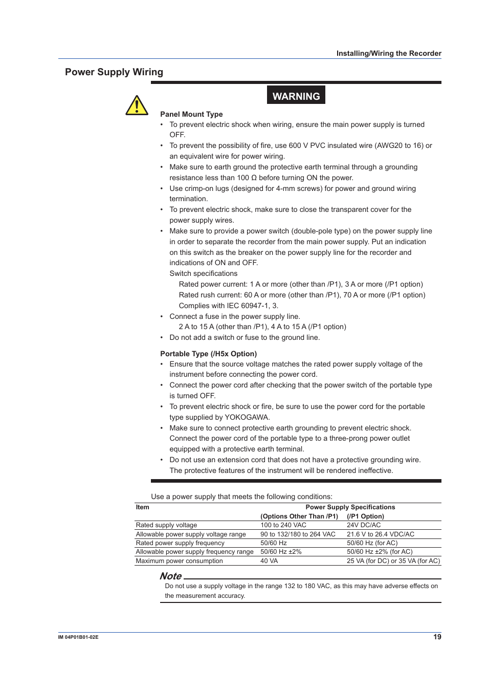 Power supply wiring, Power supply wiring warning | Yokogawa µR10000 User Manual | Page 19 / 56