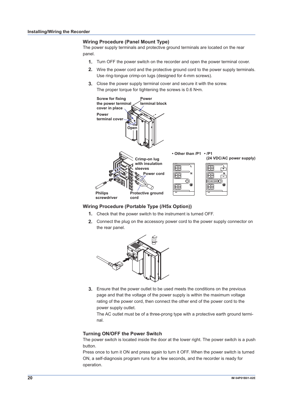 Wiring procedure (panel mount type), Wiring procedure (portable type (/h5x option)) 1, Turning on/off the power switch | Yokogawa µR10000 User Manual | Page 20 / 56