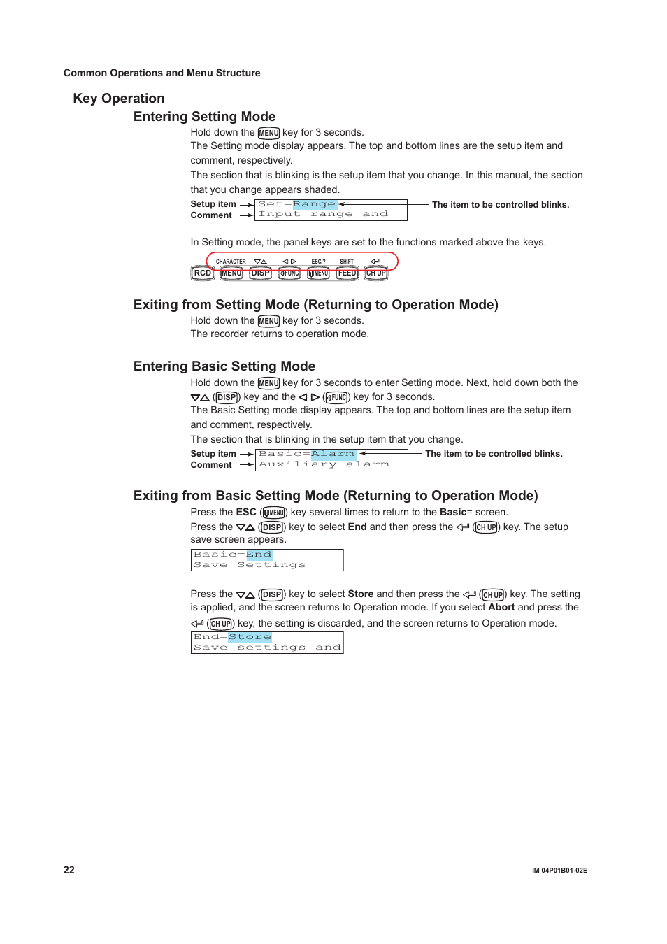 Key operation, Key operation entering setting mode, Entering basic setting mode | Yokogawa µR10000 User Manual | Page 22 / 56