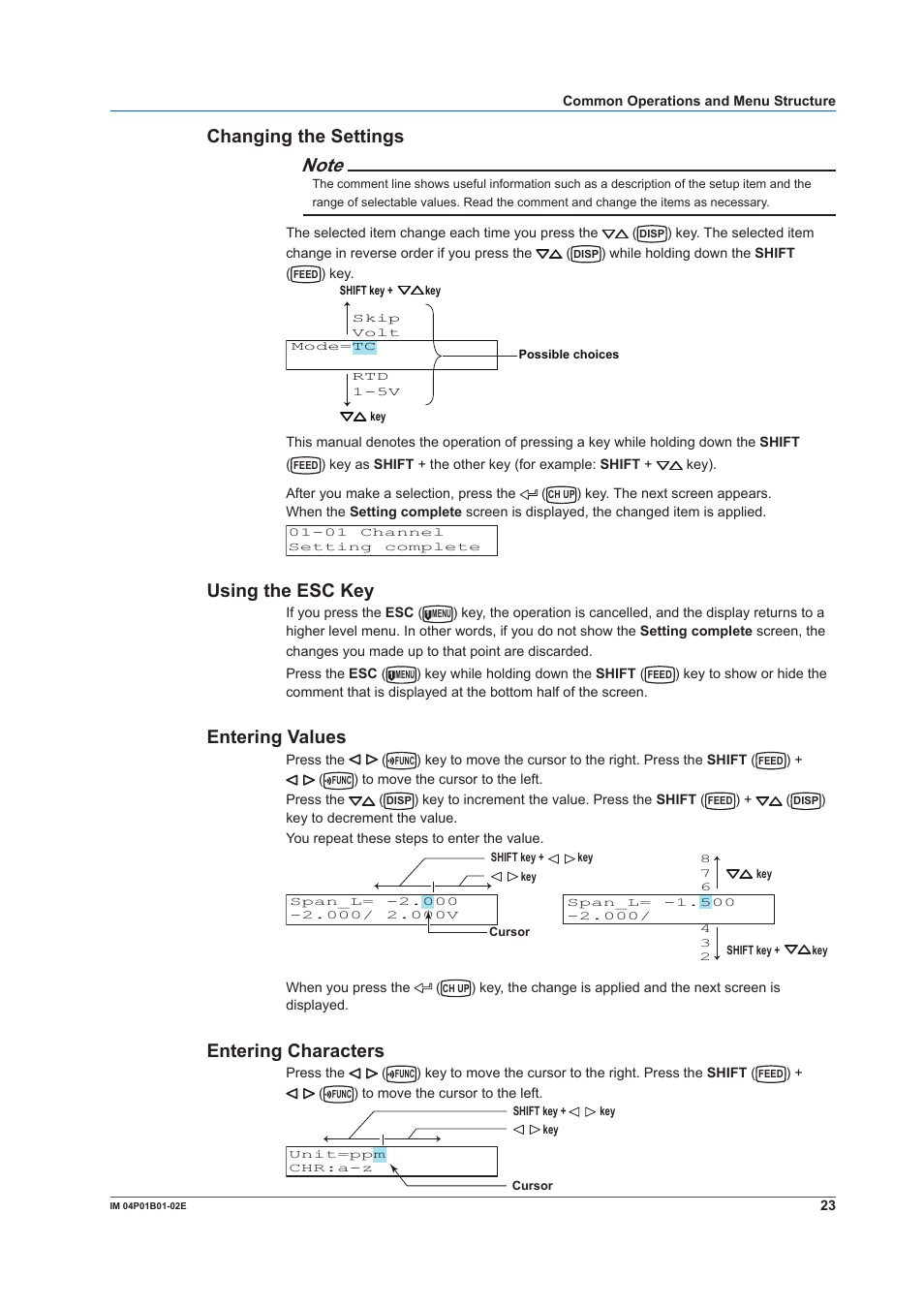 Changing the settings, Using the esc key, Entering values | Entering characters | Yokogawa µR10000 User Manual | Page 23 / 56