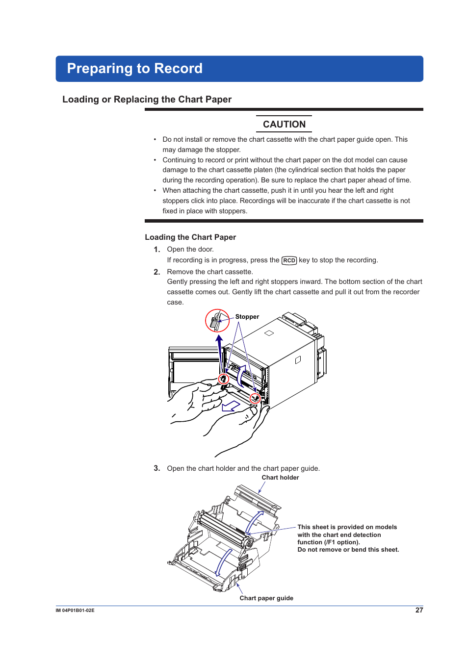 Preparing to record, Loading or replacing the chart paper, Loading or replacing the chart paper caution | Yokogawa µR10000 User Manual | Page 27 / 56