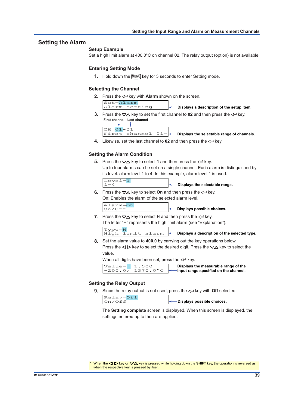 Setting the alarm | Yokogawa µR10000 User Manual | Page 39 / 56