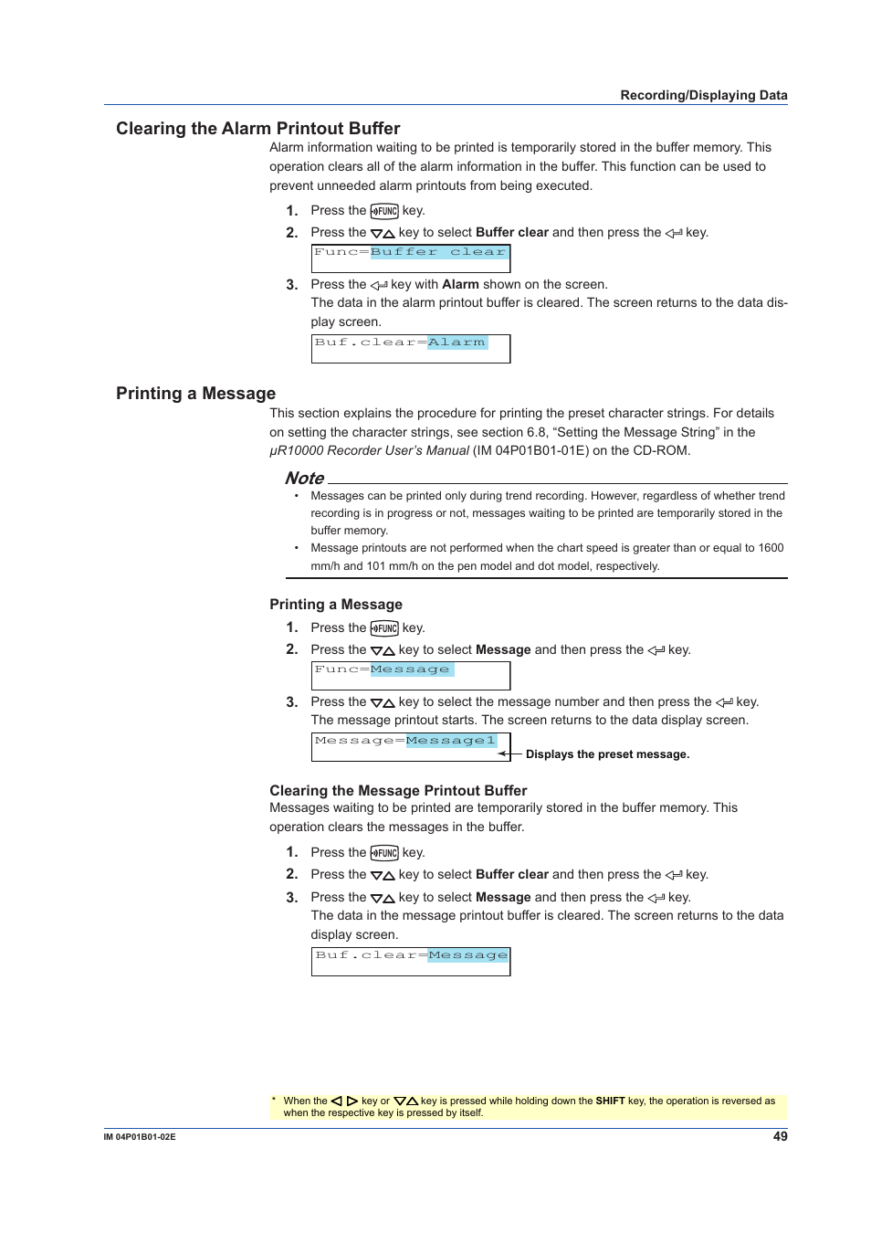 Clearing the alarm printout buffer, Printing a message | Yokogawa µR10000 User Manual | Page 49 / 56