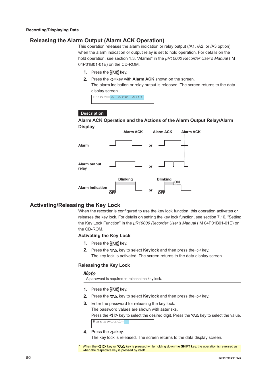 Releasing the alarm output (alarm ack operation), Activating/releasing the key lock | Yokogawa µR10000 User Manual | Page 50 / 56